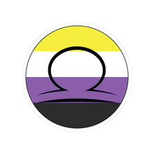 Circular nonbinary pride flag zodiac sticker with a thin black outline and white sticker border, featuring a centered black Libra zodiac glyph. The sticker is shown on a white background.