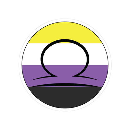 Circular nonbinary pride flag zodiac sticker with a thin black outline and white sticker border, featuring a centered black Libra zodiac glyph. The sticker is shown on a white background.
