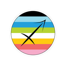 Circular queer pride flag zodiac sticker with a thin black outline and white sticker border, featuring a centered black Sagittarius zodiac glyph. The sticker is shown on a white background.