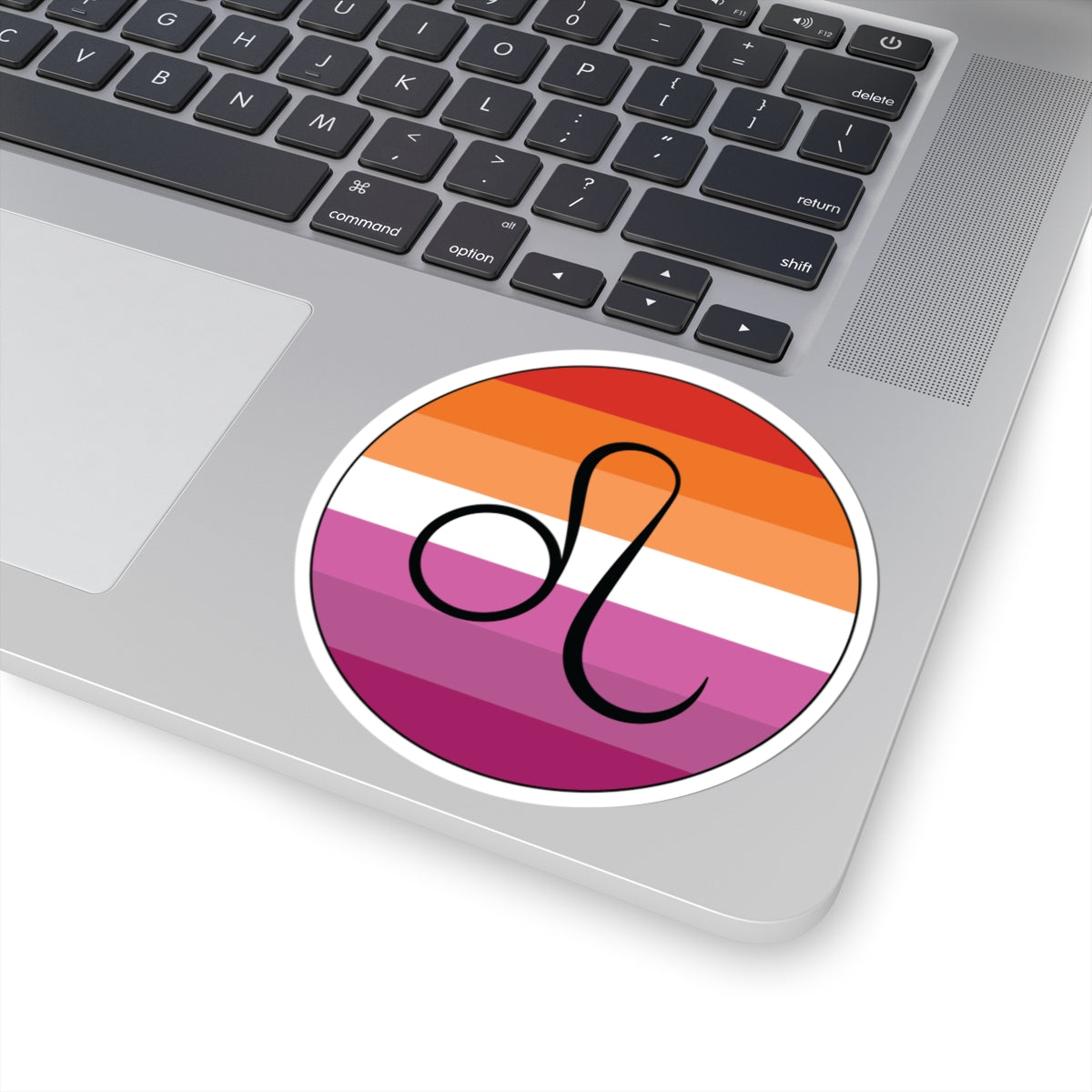 Close-up of the bottom right corner of a silver laptop featuring a 4 inch by 4 inch circular zodiac sticker with a centered Leo glyph on a Lesbian pride flag style background applied to the surface.