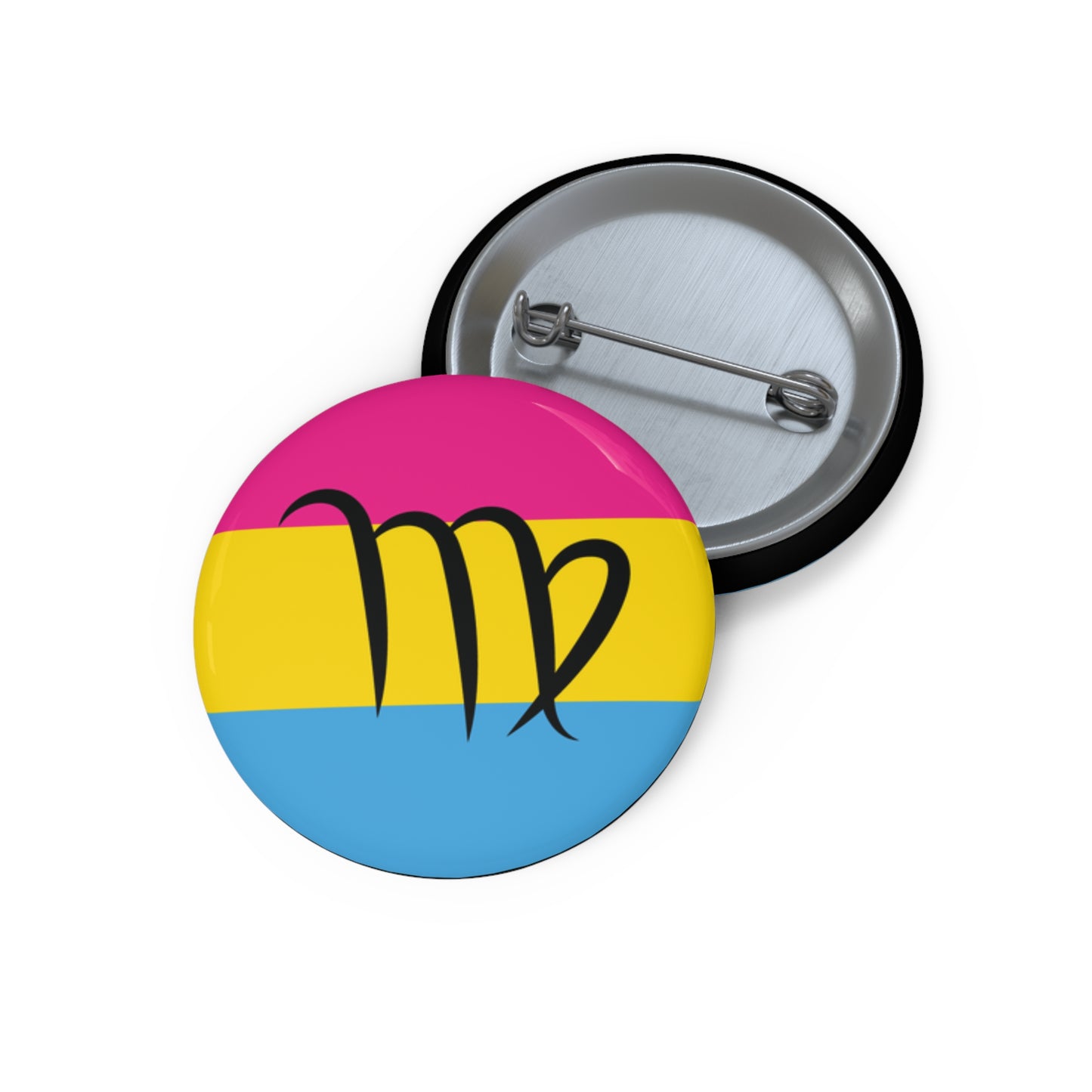 Front and back view of a circular pansexual pride flag button featuring the Virgo zodiac symbol in black centered on the front.