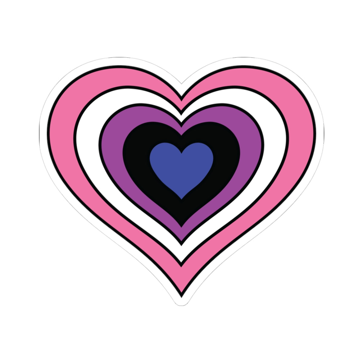 Heart-shaped genderfluid pride flag sticker featuring nested heart stripes in pink, white, purple, black, and blue, outlined with a thin black border and a white sticker border. The sticker is shown on a white background.
