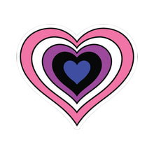 Heart-shaped genderfluid pride flag sticker featuring nested heart stripes in pink, white, purple, black, and blue, outlined with a thin black border and a white sticker border. The sticker is shown on a white background.