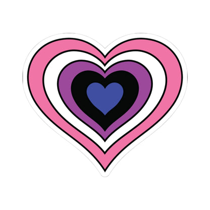 Heart-shaped genderfluid pride flag sticker featuring nested heart stripes in pink, white, purple, black, and blue, outlined with a thin black border and a white sticker border. The sticker is shown on a white background.