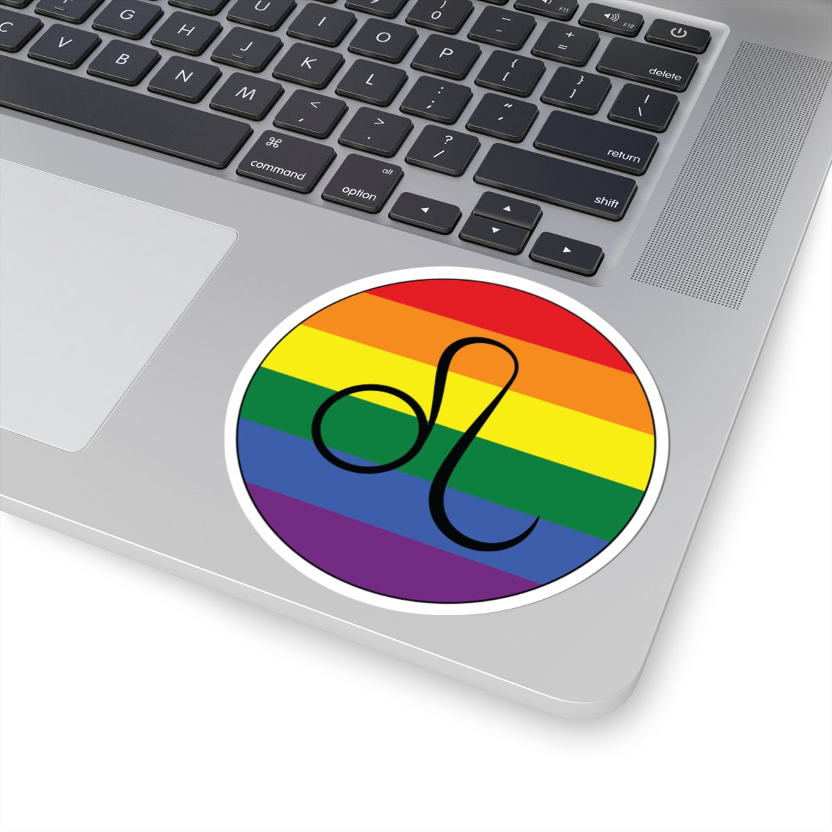 Close-up of the bottom right corner of a silver laptop featuring a 4 inch by 4 inch circular zodiac sticker with a centered Leo glyph on a Rainbow pride flag style background applied to the surface.