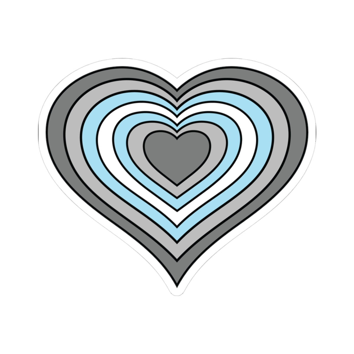 Heart-shaped demiboy pride flag sticker featuring nested heart stripes in dark gray, light gray, white, light blue, and light blue, outlined with a thin black border and a white sticker border. The sticker is shown on a white background.