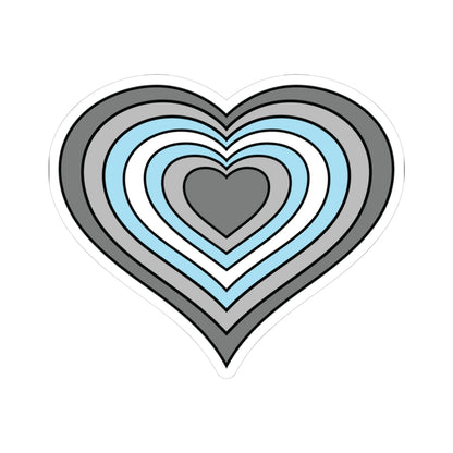 Heart-shaped demiboy pride flag sticker featuring nested heart stripes in dark gray, light gray, white, light blue, and light blue, outlined with a thin black border and a white sticker border. The sticker is shown on a white background.