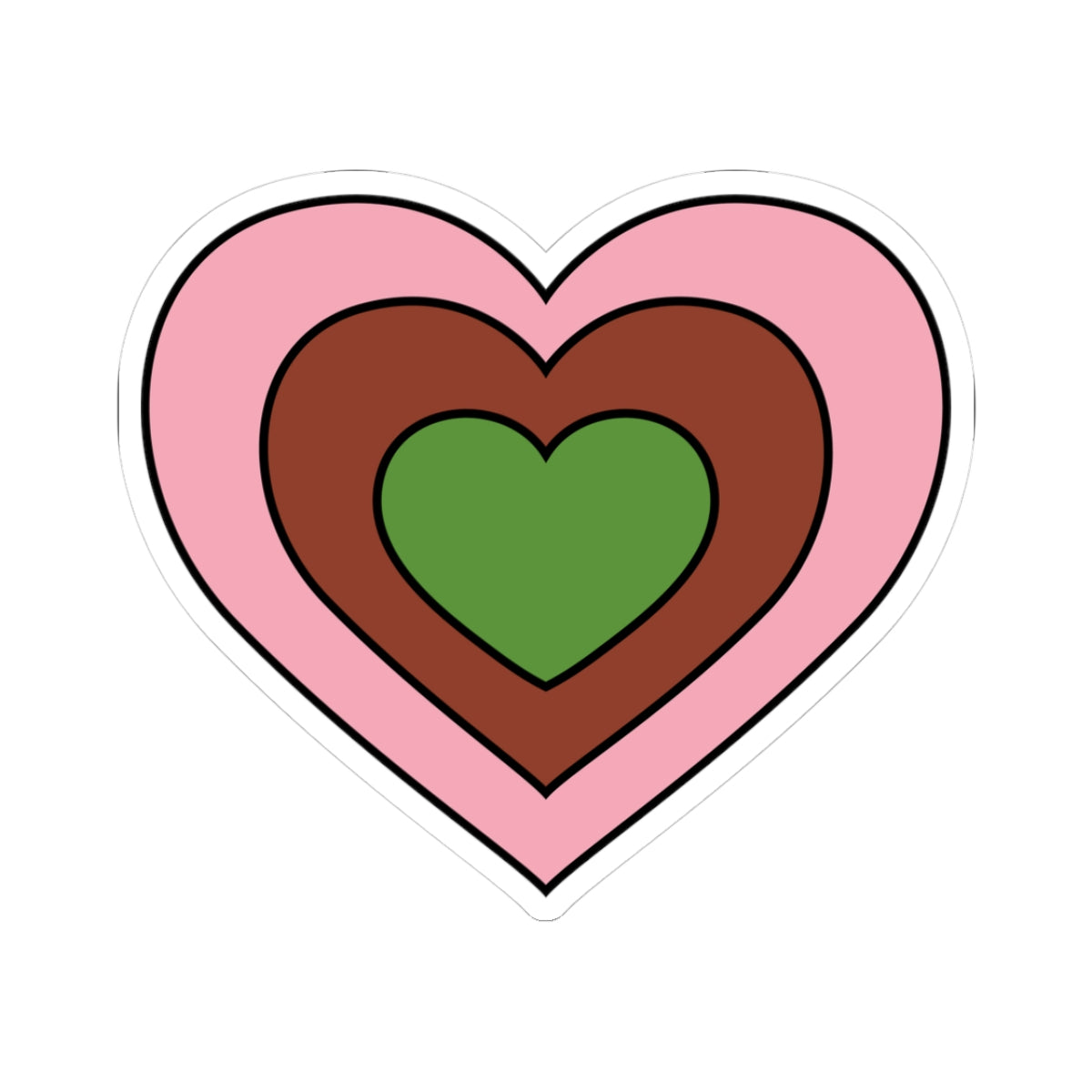 Heart-shaped gynesexual pride flag sticker featuring nested heart stripes in pink, brown, and green outlined with a thin black border and a white sticker border. The sticker is shown on a white background.