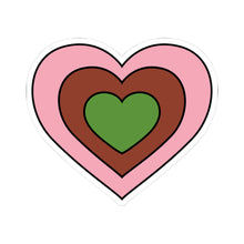 Heart-shaped gynesexual pride flag sticker featuring nested heart stripes in pink, brown, and green outlined with a thin black border and a white sticker border. The sticker is shown on a white background.