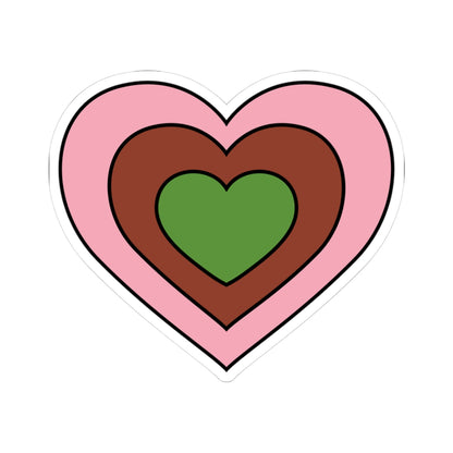 Heart-shaped gynesexual pride flag sticker featuring nested heart stripes in pink, brown, and green outlined with a thin black border and a white sticker border. The sticker is shown on a white background.