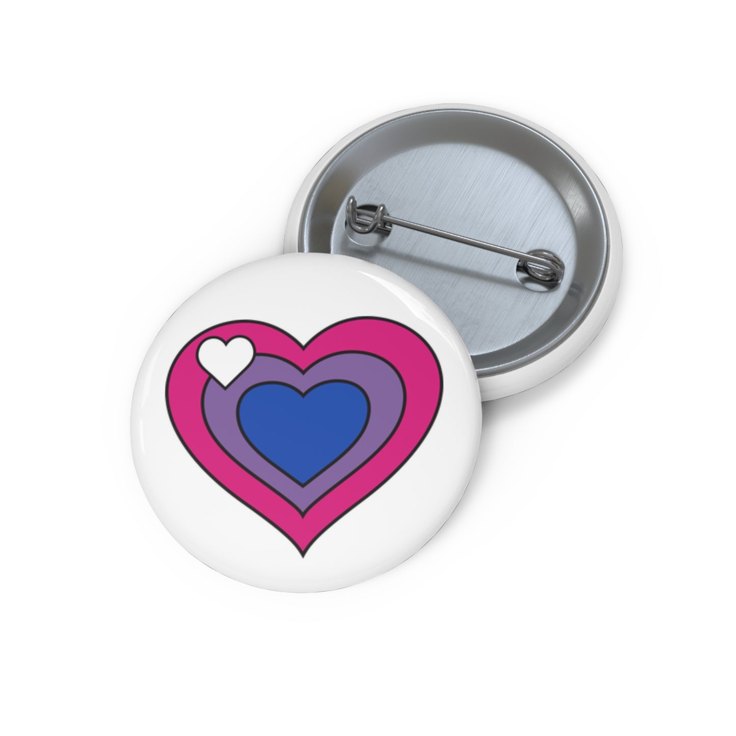 Front and back view of a white circular button with a heart-shaped biromantic flag image. The button is shown on a white background.