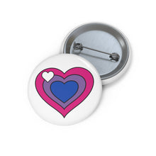 Front and back view of a white circular button with a heart-shaped biromantic flag image. The button is shown on a white background.