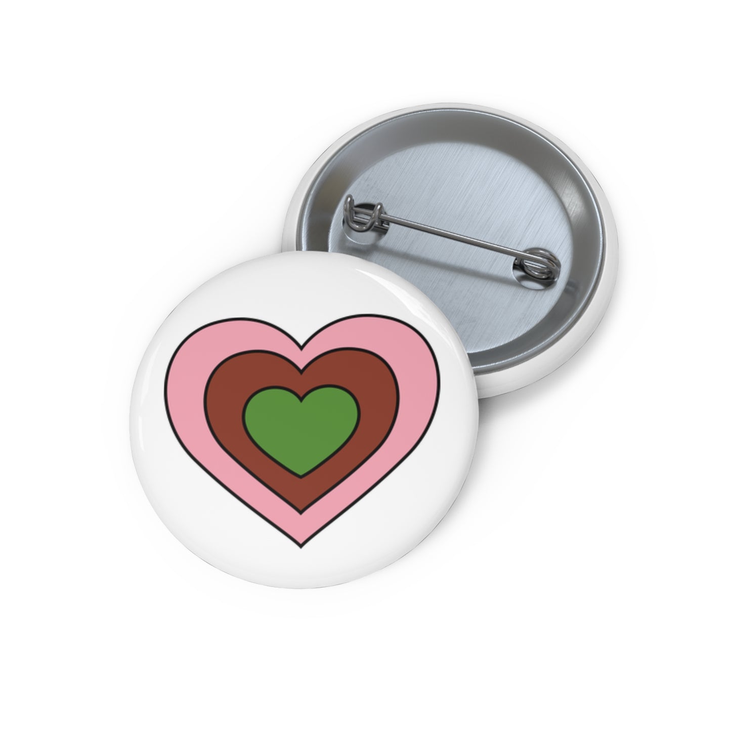 Front and back view of a white circular button with a heart-shaped gynesexual flag image. The button is shown on a white background.