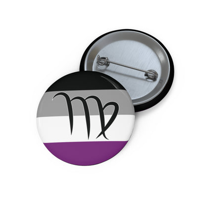 Front and back view of a circular asexual pride flag button featuring the Virgo zodiac symbol in black centered on the front.