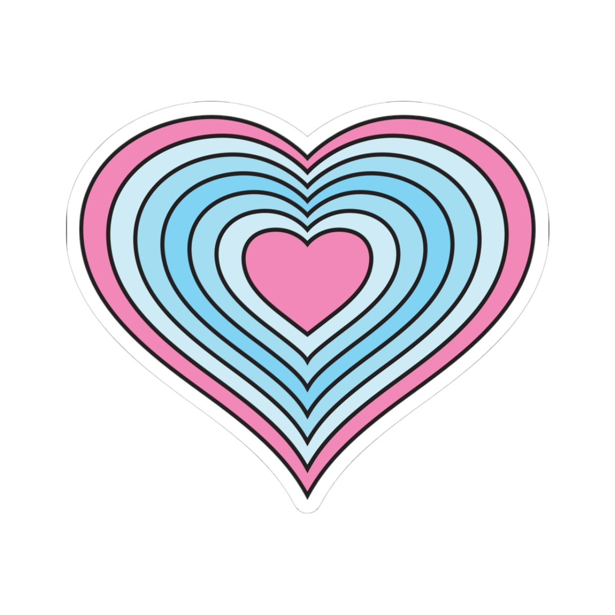 Heart-shaped transmasculine pride flag sticker featuring nested heart stripes in pink, pale blue, light blue, blue, light blue, pale blue, and pink outlined with a thin black border and a white sticker border. The sticker is shown on a white background.