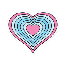 Heart-shaped transmasculine pride flag sticker featuring nested heart stripes in pink, pale blue, light blue, blue, light blue, pale blue, and pink outlined with a thin black border and a white sticker border. The sticker is shown on a white background.