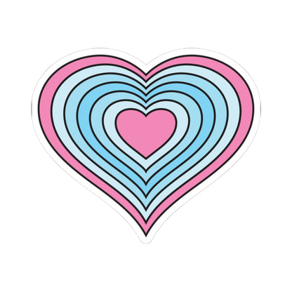 Heart-shaped transmasculine pride flag sticker featuring nested heart stripes in pink, pale blue, light blue, blue, light blue, pale blue, and pink outlined with a thin black border and a white sticker border. The sticker is shown on a white background.