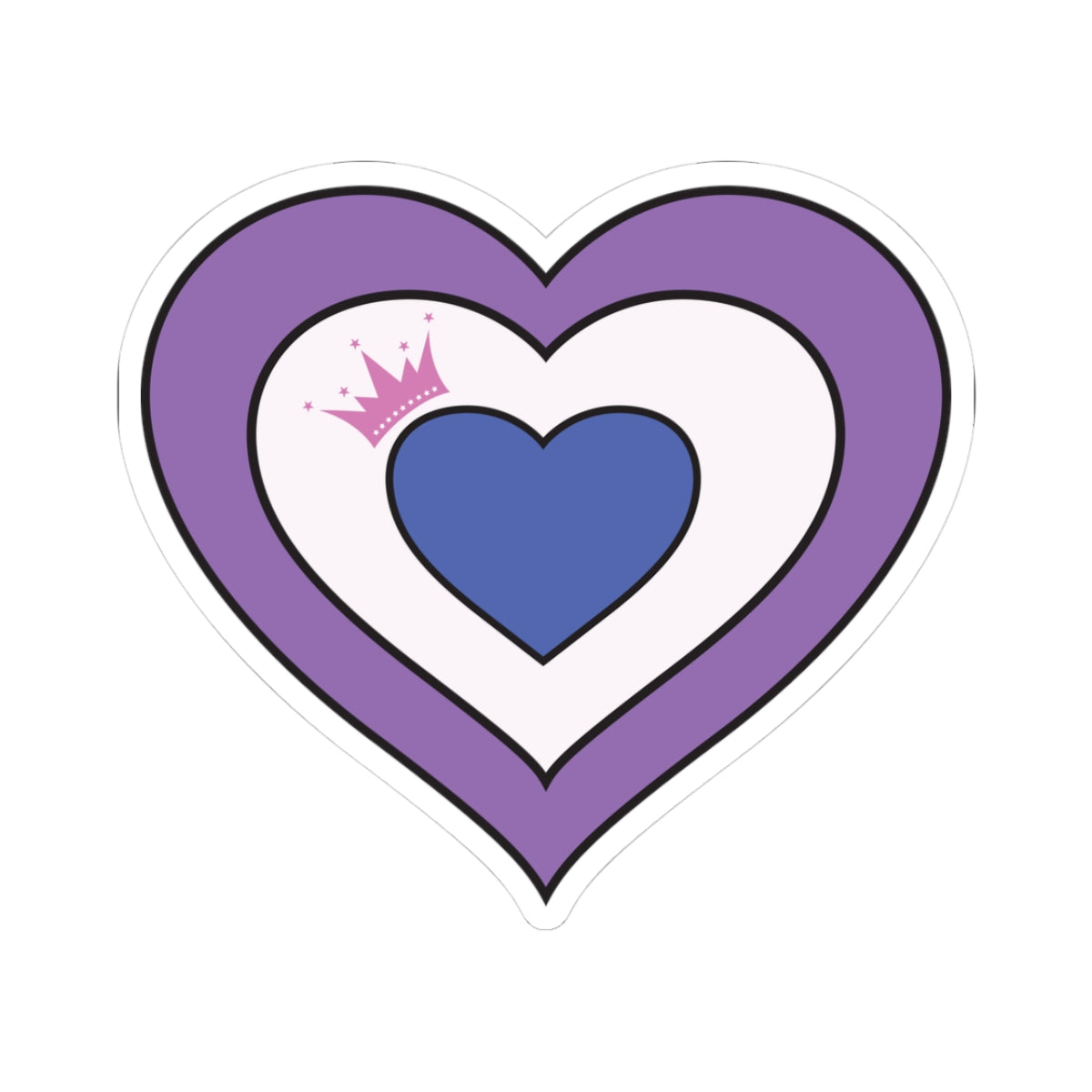 Heart‑shaped pride sticker featuring nested heart stripes inspired by the drag pride flag, outlined with a thin black border and surrounded by a white sticker border. The sticker is displayed on a white background. 