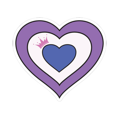Heart‑shaped pride sticker featuring nested heart stripes inspired by the drag pride flag, outlined with a thin black border and surrounded by a white sticker border. The sticker is displayed on a white background. 