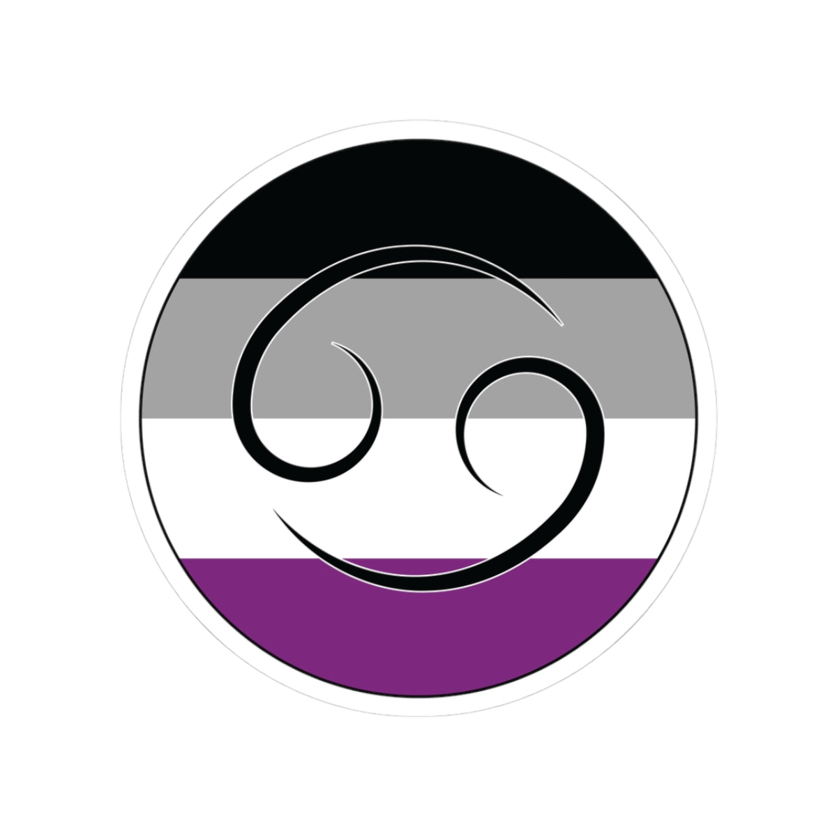 Circular asexual pride flag zodiac sticker with a thin black outline and white sticker border, featuring a centered black Cancer zodiac glyph. The sticker is shown on a white background.