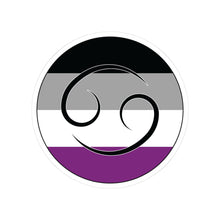 Circular asexual pride flag zodiac sticker with a thin black outline and white sticker border, featuring a centered black Cancer zodiac glyph. The sticker is shown on a white background.