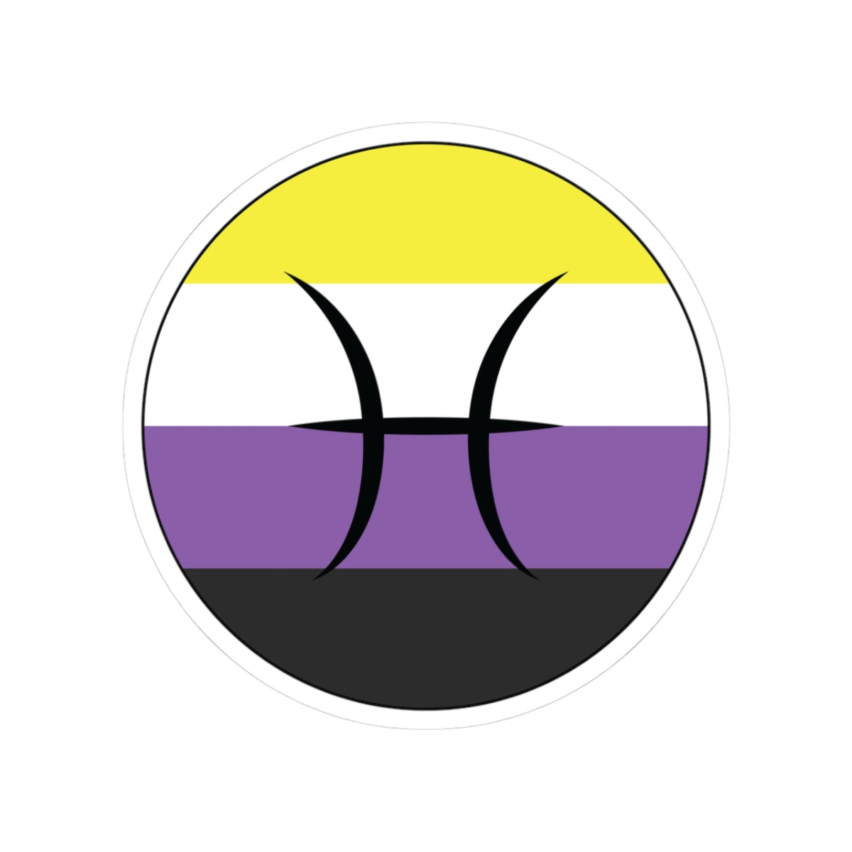 Circular nonbinary pride flag zodiac sticker with a thin black outline and white sticker border, featuring a centered black Pisces zodiac glyph. The sticker is shown on a white background.