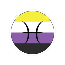Circular nonbinary pride flag zodiac sticker with a thin black outline and white sticker border, featuring a centered black Pisces zodiac glyph. The sticker is shown on a white background.