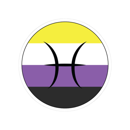 Circular nonbinary pride flag zodiac sticker with a thin black outline and white sticker border, featuring a centered black Pisces zodiac glyph. The sticker is shown on a white background.
