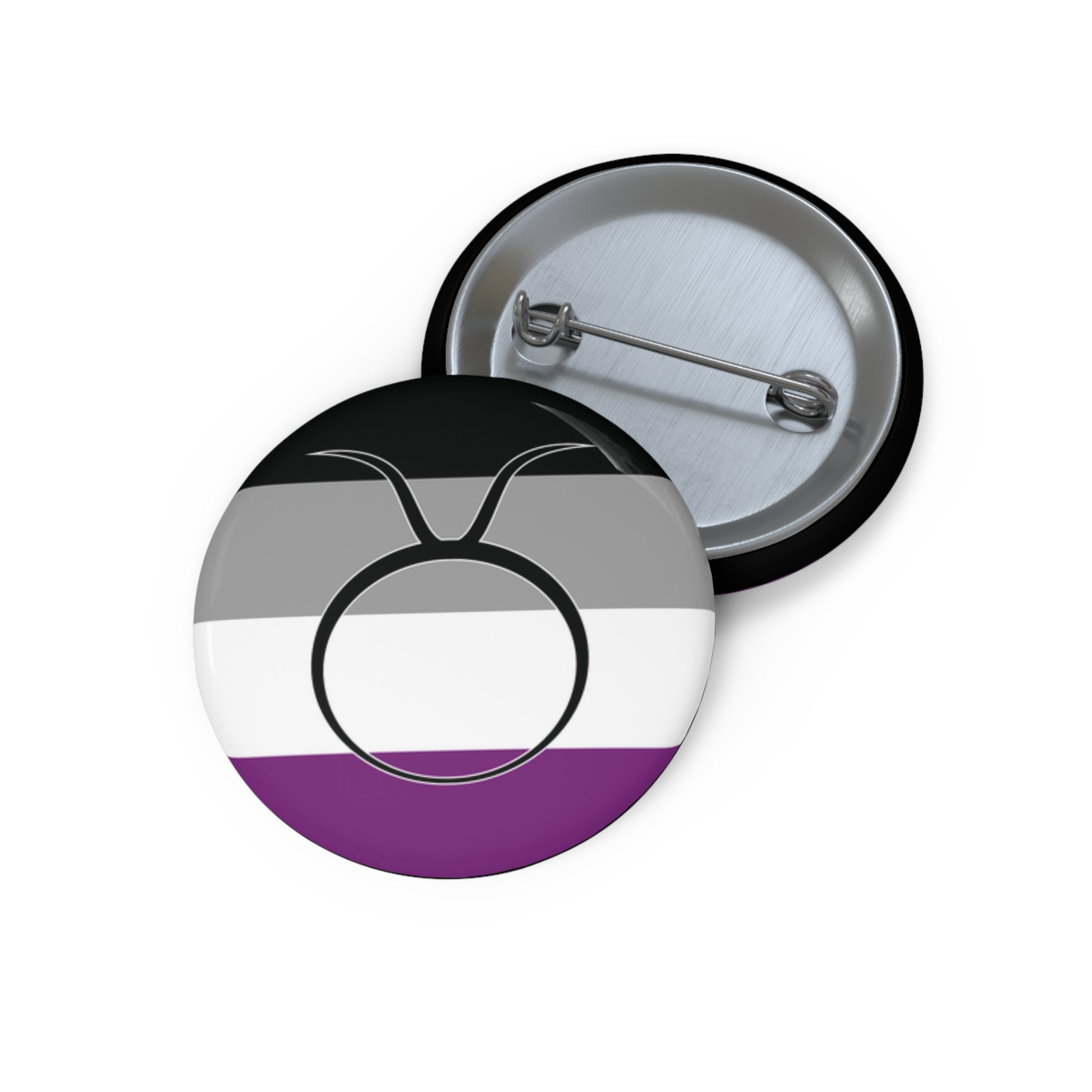 Front and back view of a circular asexual pride flag button featuring the Taurus zodiac symbol in black centered on the front.