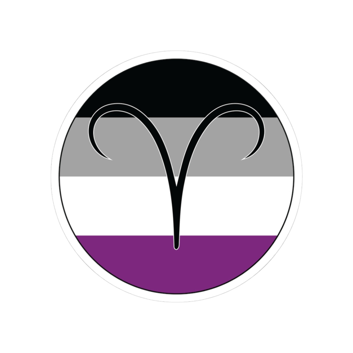 Circular asexual pride flag zodiac sticker with a thin black outline and white sticker border, featuring a centered black Aries zodiac glyph. The sticker is shown on a white background.