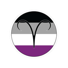 Circular asexual pride flag zodiac sticker with a thin black outline and white sticker border, featuring a centered black Aries zodiac glyph. The sticker is shown on a white background.
