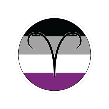 Circular asexual pride flag zodiac sticker with a thin black outline and white sticker border, featuring a centered black Aries zodiac glyph. The sticker is shown on a white background.