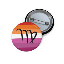 Front and back view of a circular lesbian pride flag button featuring the Virgo zodiac symbol in black centered on the front.