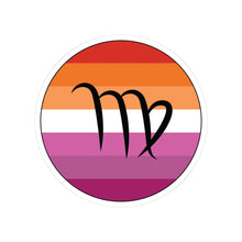 Circular lesbian pride flag zodiac sticker with a thin black outline and white sticker border, featuring a centered black Virgo zodiac glyph. The sticker is shown on a white background.