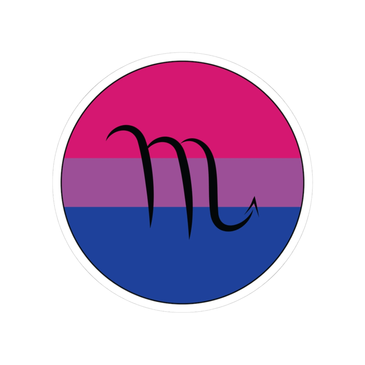 Circular bisexual pride flag zodiac sticker with a thin black outline and white sticker border, featuring a centered black Scorpio zodiac glyph. The sticker is shown on a white background.
