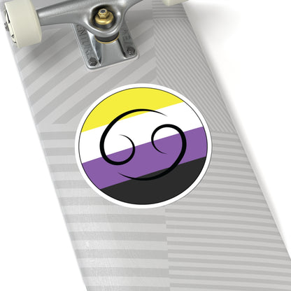 Close-up of the bottom of a silver skateboard featuring a 6 inch by 6 inch circular zodiac sticker with a centered Leo glyph on a Nonbinary pride flag style background applied to the surface.
