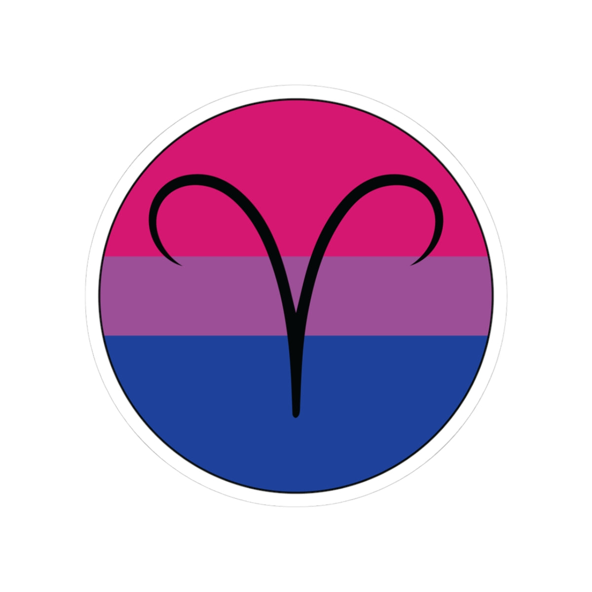 Circular bisexual pride flag zodiac sticker with a thin black outline and white sticker border, featuring a centered black Aries zodiac glyph. The sticker is shown on a white background.