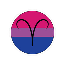 Circular bisexual pride flag zodiac sticker with a thin black outline and white sticker border, featuring a centered black Aries zodiac glyph. The sticker is shown on a white background.
