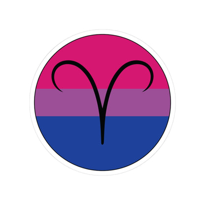 Circular bisexual pride flag zodiac sticker with a thin black outline and white sticker border, featuring a centered black Aries zodiac glyph. The sticker is shown on a white background.