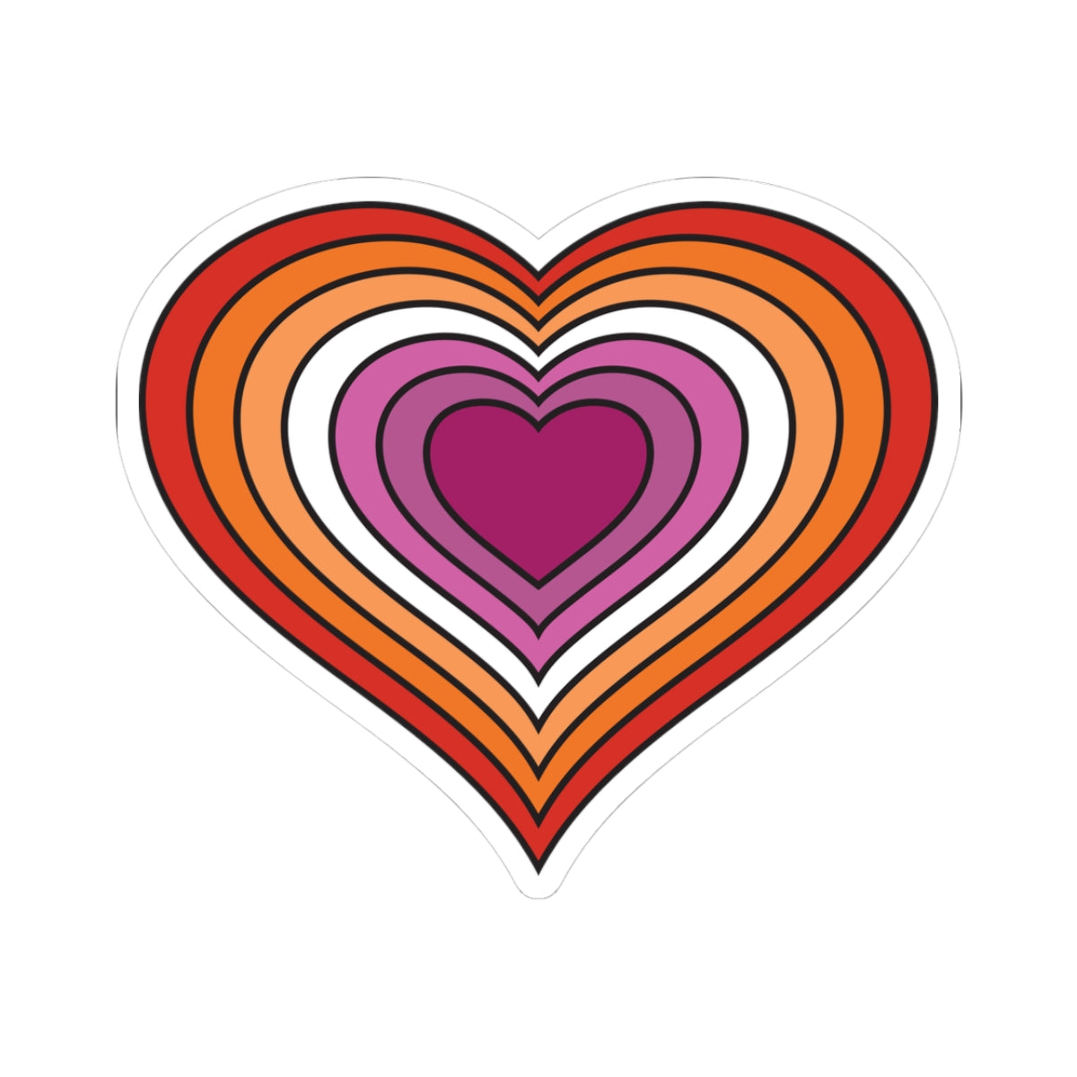 Heart-shaped lesbian pride flag sticker featuring nested heart stripes in dark orange, orange, light orange, white, pink, dark pink, and maroon, outlined with a thin black border and a white sticker border. The sticker is shown on a white background.