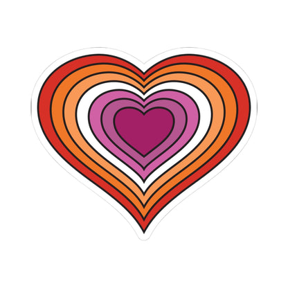 Heart-shaped lesbian pride flag sticker featuring nested heart stripes in dark orange, orange, light orange, white, pink, dark pink, and maroon, outlined with a thin black border and a white sticker border. The sticker is shown on a white background.