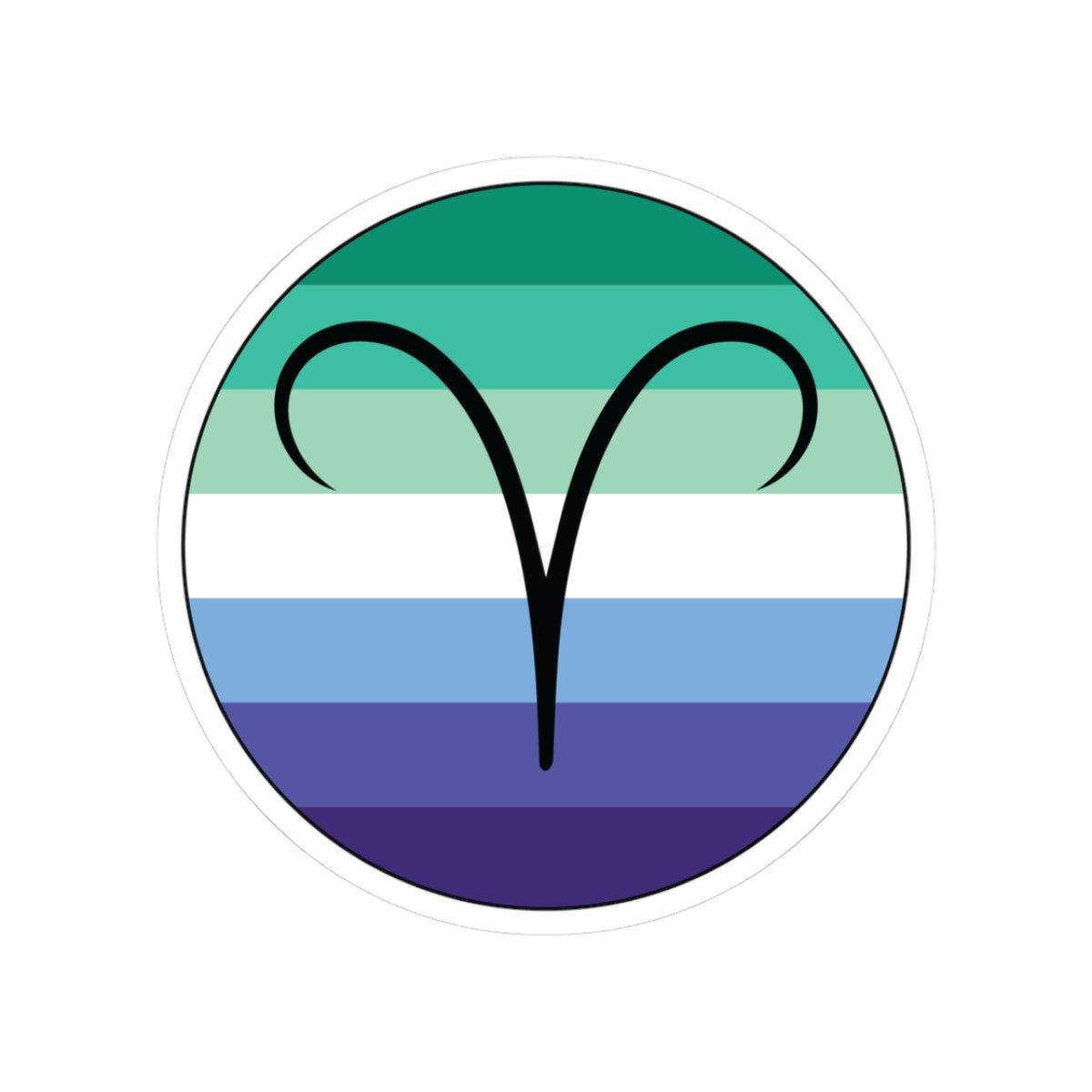 Circular gay men pride flag zodiac sticker with a thin black outline and white sticker border, featuring a centered black Aries zodiac glyph. The sticker is shown on a white background.