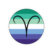 Circular gay men pride flag zodiac sticker with a thin black outline and white sticker border, featuring a centered black Aries zodiac glyph. The sticker is shown on a white background.