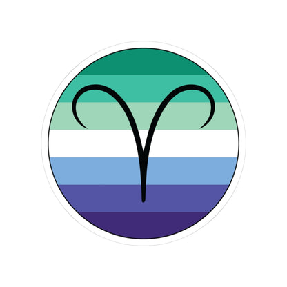 Circular gay men pride flag zodiac sticker with a thin black outline and white sticker border, featuring a centered black Aries zodiac glyph. The sticker is shown on a white background.