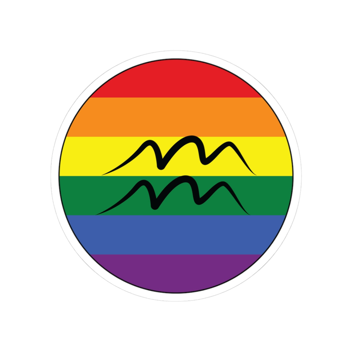 Circular rainbow pride flag zodiac sticker with a thin black outline and white sticker border, featuring a centered black Aquarius zodiac glyph. The sticker is shown on a white background.