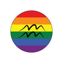 Circular rainbow pride flag zodiac sticker with a thin black outline and white sticker border, featuring a centered black Aquarius zodiac glyph. The sticker is shown on a white background.