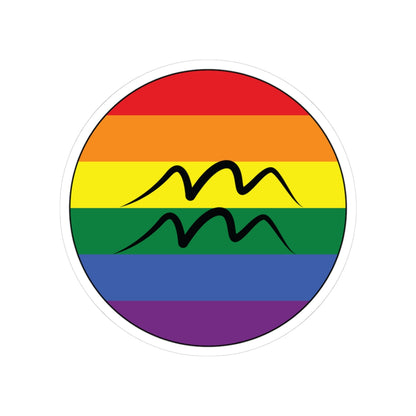 Circular rainbow pride flag zodiac sticker with a thin black outline and white sticker border, featuring a centered black Aquarius zodiac glyph. The sticker is shown on a white background.