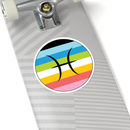 Close-up of the bottom of a silver skateboard featuring a 6 inch by 6 inch circular zodiac sticker with a centered Pisces glyph on a Queer pride flag style background applied to the surface.