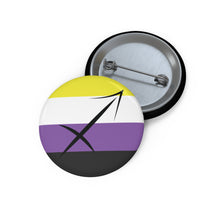 Front and back view of a circular nonbinary pride flag button featuring the Sagittarius zodiac symbol in black centered on the front.