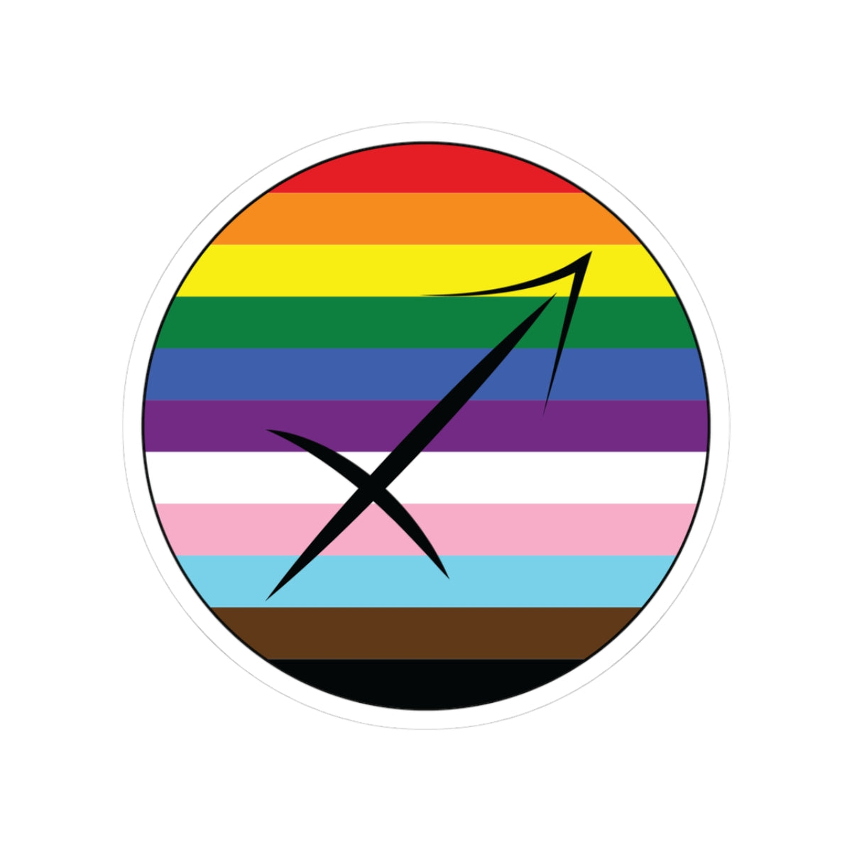 Circular progress pride flag zodiac sticker with a thin black outline and white sticker border, featuring a centered black Sagittarius zodiac glyph. The sticker is shown on a white background.